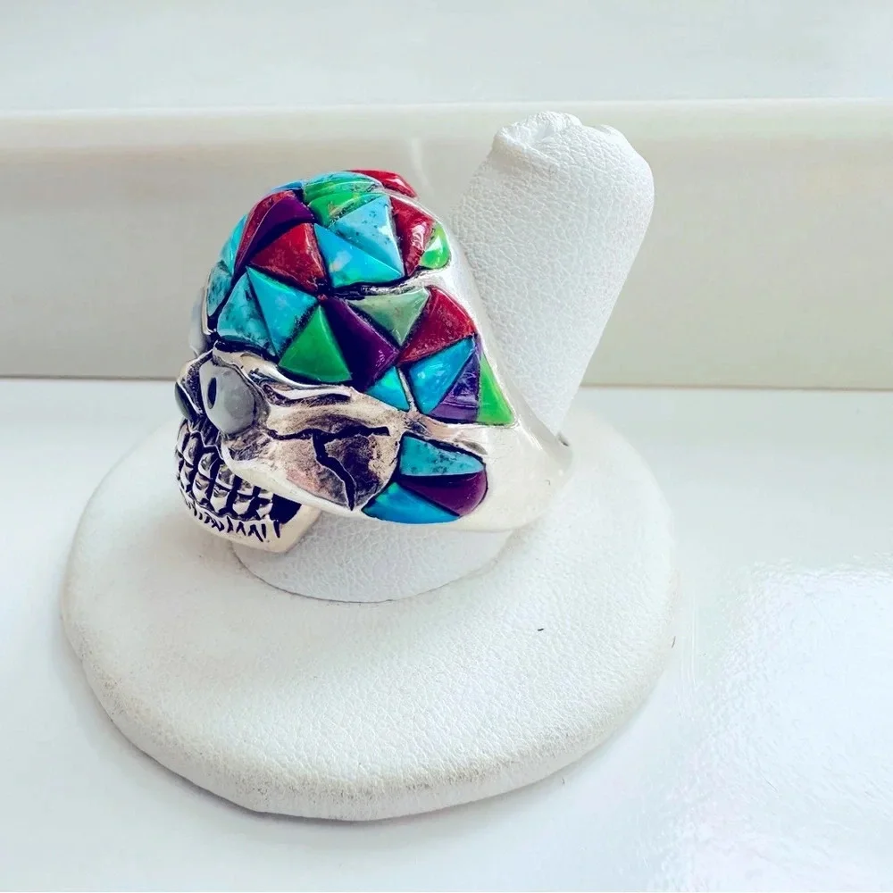 Handmade Sterling Silver & Multi Stone Inlay Skull/Biker/Rocker Ring Size 9.5